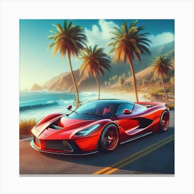 Red Sports Car On The Beach Canvas Print