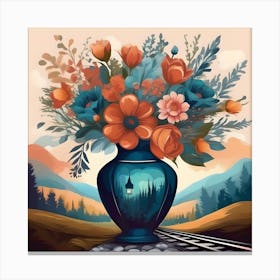 Flower Vase Decorated with Train Station, Blue and Orange Canvas Print