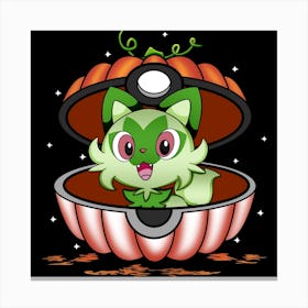 Sprigatito In Pumpkin Ball - Pokemon Halloween Canvas Print