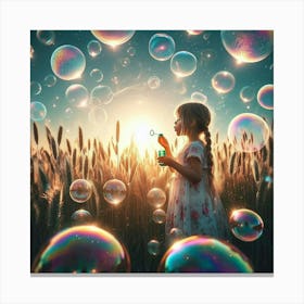 Girl In A Field With Soap Bubbles Canvas Print