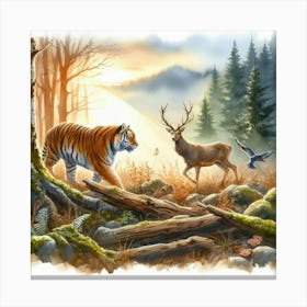 Tiger And Deer In The Forest Canvas Print