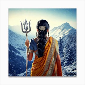 Firefly Indian, Married Woman, Sari, Traditional, Durga, Trident, Weapon, Snow, Hills, Backward View (10) Canvas Print