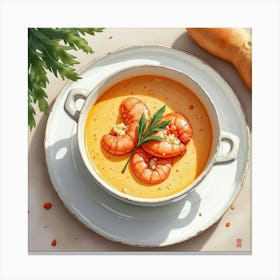 Watercolor Painting Of A Rich And Creamy Lobster Bisque On A Cozy Kitchen Table Canvas Print