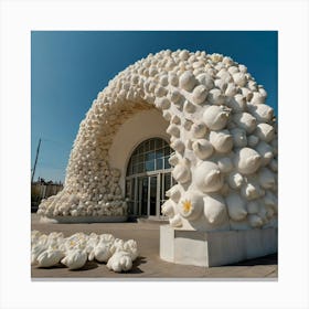 a popup store building from future made of concrete, glass and a lot of teddy bears. The structure is the shaped like an arch with a large circular concrete staircase inside. on the facade there are a lot of soft beige bears. In front there is "THE PTASHATKO" written on it. the weather is sunny outside, the sky is blue. The photography is in the style of street photography and architectural magazine photography. Outside we see big white flowers and more tulip petals covering all around the space. 1 Canvas Print
