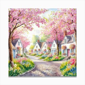 Classic style watercolor art of a spring village street, with blooming trees and flowers Canvas Print