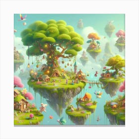 A whimsical illustration of a floating island with a large tree, and small houses. Canvas Print