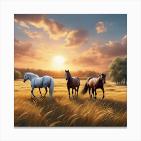 Horses In The Field At Sunset Canvas Print