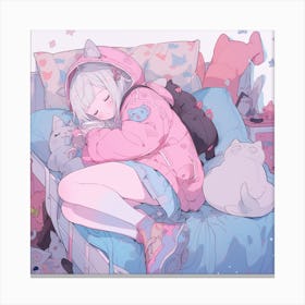 Anime Girl Sleeping With Cats Canvas Print