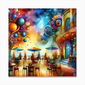 Watercolor Painting Features Vibrant Colors And Surreal Elements Of A Cafe 3 Canvas Print