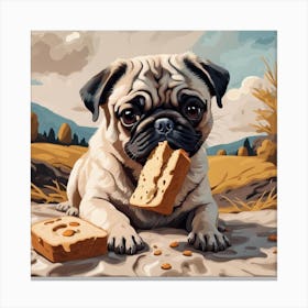 Pug Dog With Bread Canvas Print