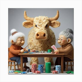 Old Ladies Playing Poker With A Cow Canvas Print