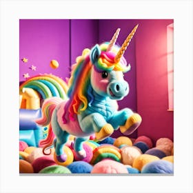 Cute rainbow bicorn In A Room full of yarn balls. Canvas Print