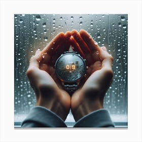 Hands Holding A Watch In The Rain Canvas Print