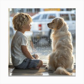 Little Boy Looking At Dog Canvas Print