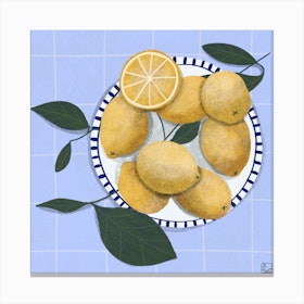 Lemons On Blue Tablecloth Square Canvas Print