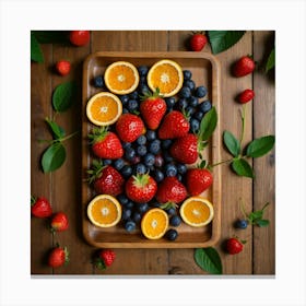 Top Down Shot of strawberries, blueberries, cherries, and oranges arranged symmetrically on a wooden platter. Sitting on a wooden table with leaves and cooking utensils on it 2 Canvas Print