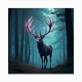 A Surreal Stag With Antlers Of Cascading, Bioluminescent Patterns Standing In A Mystical Forest 1 Canvas Print