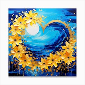 Heart Shaped Floral Canvas Artwork Floral Blue, Gold and Yellow Canvas Print