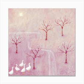 Geese in the Orchard Pink Landscape Canvas Print