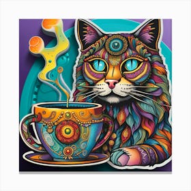 Cat With A Cup Of Coffee Whimsical Psychedelic Bohemian Enlightenment Print 6 Canvas Print