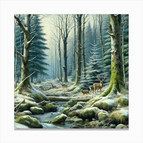 Deer In The Mossy Winter Woods, Acrylic Painting Style Canvas Print