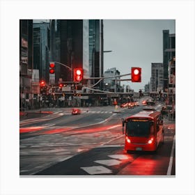 Red Bus On A City Street Canvas Print