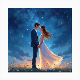 Lovely Couple In Watercolor Fashion, Dreamy Starlit Night 1 Canvas Print