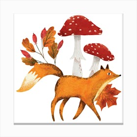 Walking Fox And Mushrooms Canvas Print