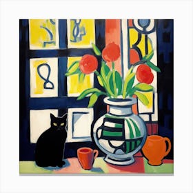 Vase On A Table With A Cat Matisse Style Canvas Print