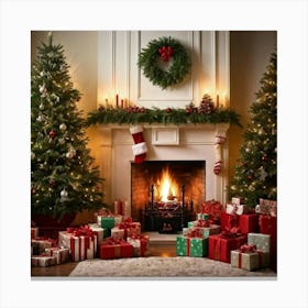 A Convivial Christmas Scene A Roaring Hearth Fireplace Illuminating The Room A Lush Evergreen Chri Canvas Print