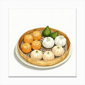 A Charming Watercolor Painting Of A Platter Of Assorted Dim Sum Canvas Print