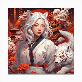 flowers wolf Asian Girl With A little Wolf Canvas Print