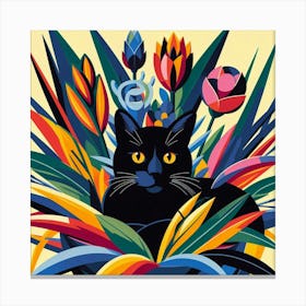 Black Cat In Flowers 1 Canvas Print