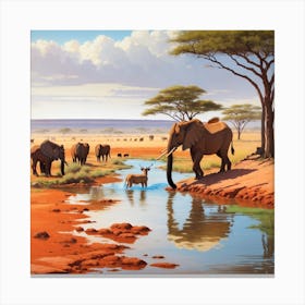 Elephants At A Watering Hole Canvas Print