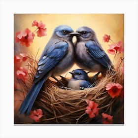 Bluebirds In Nest, A Pair Of Birds Building A Nest Representing Love Home And Family Canvas Print