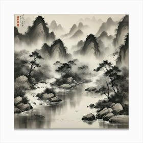 A traditional Chinese ink painting of a river, with delicate brushstrokes and a monochromatic color scheme, capturing the essence of nature and the flow of life. 2 Canvas Print