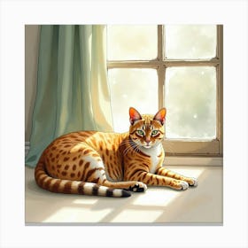 A Serene Egyptian Mau Cat Lounging With Its Owner In A Sunlit Room, Watercolor 1 Canvas Print