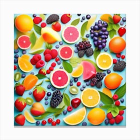 Fresh Fruits On Blue Background 1 Canvas Print