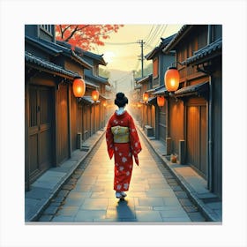 Japanese Geisha Gracefully Walking Through A Lantern Lit Street At Dusk, Watercolor Canvas Print