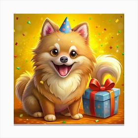 Pomeranian Puppy In A Birthday Hat With A Gift Canvas Print