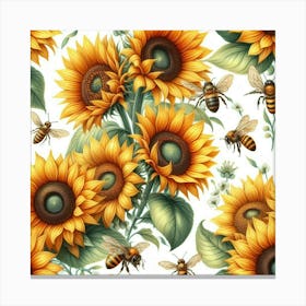 Sunflowers And Bees Pattern 2 Canvas Print