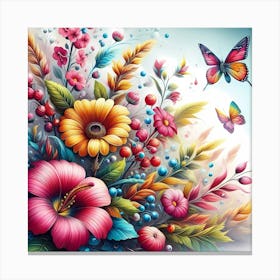 Colorful Flowers And Butterflies 1 Canvas Print