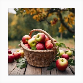 Basket Of Apples On A Wooden Table Canvas Print