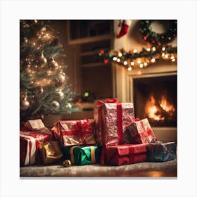 Christmas Presents In Front Of The Fireplace Canvas Print