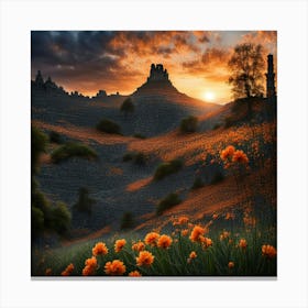 Sunset With Flowers Canvas Print