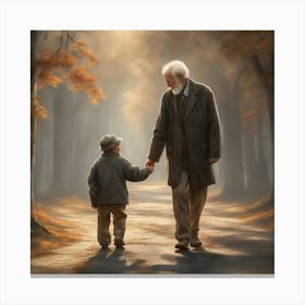 An old man walks with his grandson in a beautiful and attractive scene Canvas Print