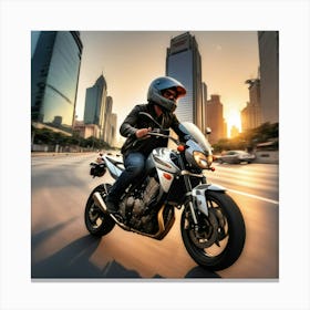 Man Riding Motorcycle In City Canvas Print