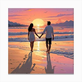 Ocean Sunset Beach With Couple Art Print (5) Canvas Print