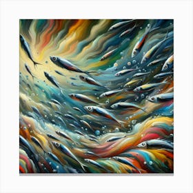 Sardines Gliding Through An Abstract Ocean Of Colors And Shapes, Style Abstract Expressionism Canvas Print