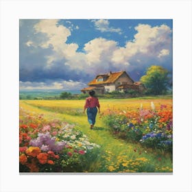 Girl Walking Through A Field Canvas Print